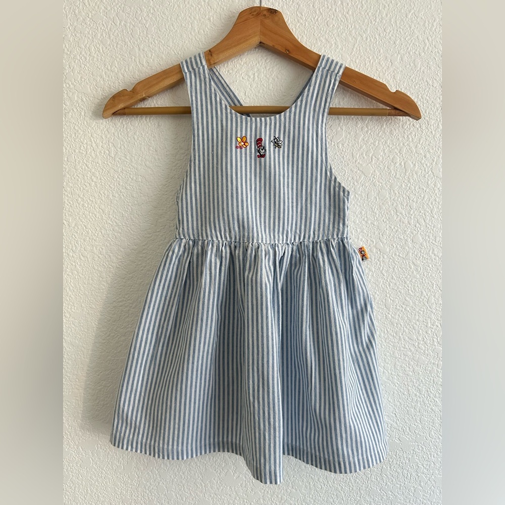 VINTAGE DR. SEUSS SZ 3T Chambray Striped Overall Dress EMBROIDERY DETAILS BL/WH